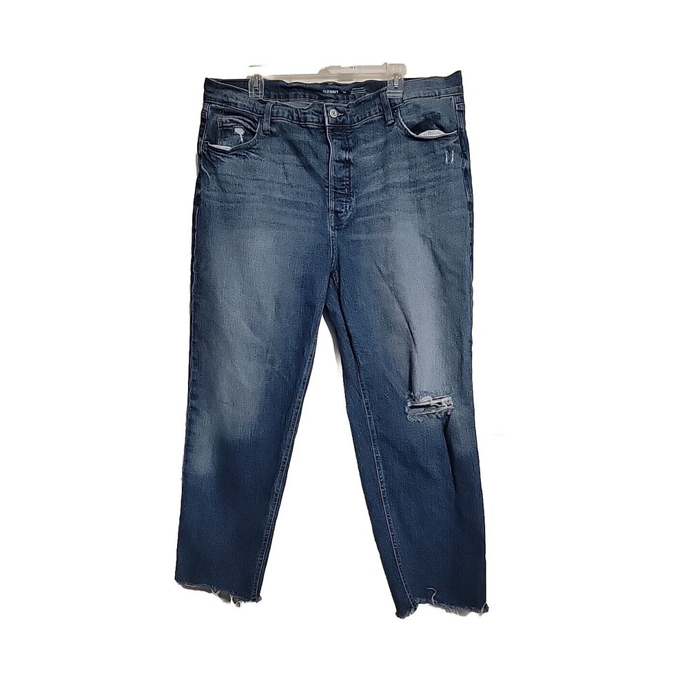 Old Navy Extra High-Waisted Button-Fly Sky-Hi Straight Raw Hem Jeans Blue Sz 20